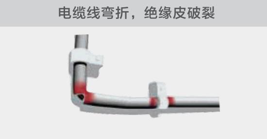 在安裝過程中，由于電線的彎曲半徑過小，或是線夾過緊，導致線纜絕緣皮破裂，產生電弧隱患